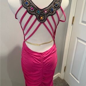 VENUS Hot Pink Backless Dress with Floral Embellishments